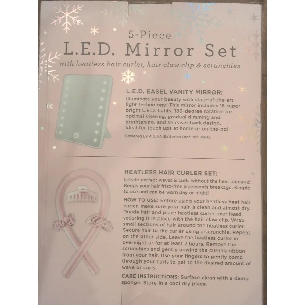 Danielle Creations LED Mirror Set Heatless Hair Curler Claw Clip Scrunchies Pink